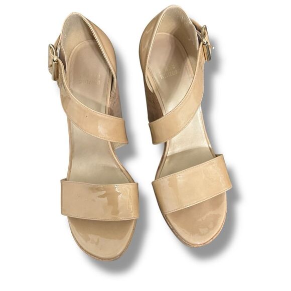 Stuart Weitzman Oneliner Patent Leather Cork Wedge Open Toe Heels Nude Size 9 - Picture 1 of 10
